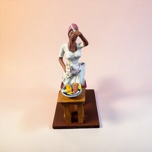 HANDMADE CLAY WOMAN CHEF STATUE WITH TABLE OF FOOD – FOLK ART FIGURINE